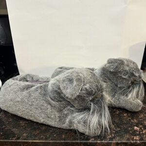VTG Gray Schnauzer Dog Face Plush Slippers Fuzzy Soft Animal L Womens 10 Rare
